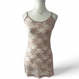 Pink Sheer Lace Y2K Layering Full Length Cami Top Fitted Size Large